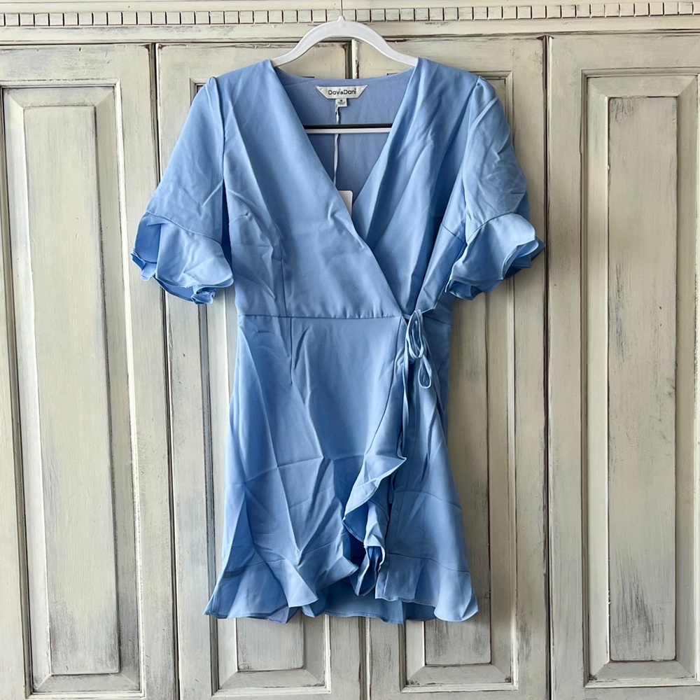 NEW DAVI & DANI Wrap Ruffle Romper in Sky Blue MED
